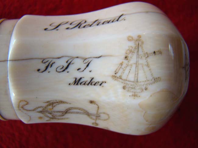 A RARE and beautiful 19th century American presentation walking stick with an eight sided scrimshawed ivory knob and a spiral twist entwined rope pattern dark rosewood shaft. — image 8